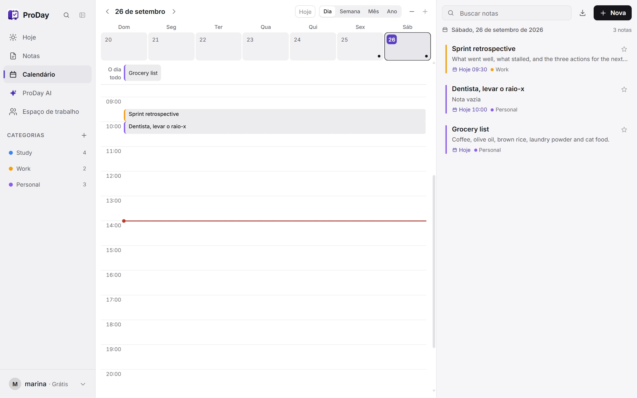 The calendar. The same notes, on the days they belong to.